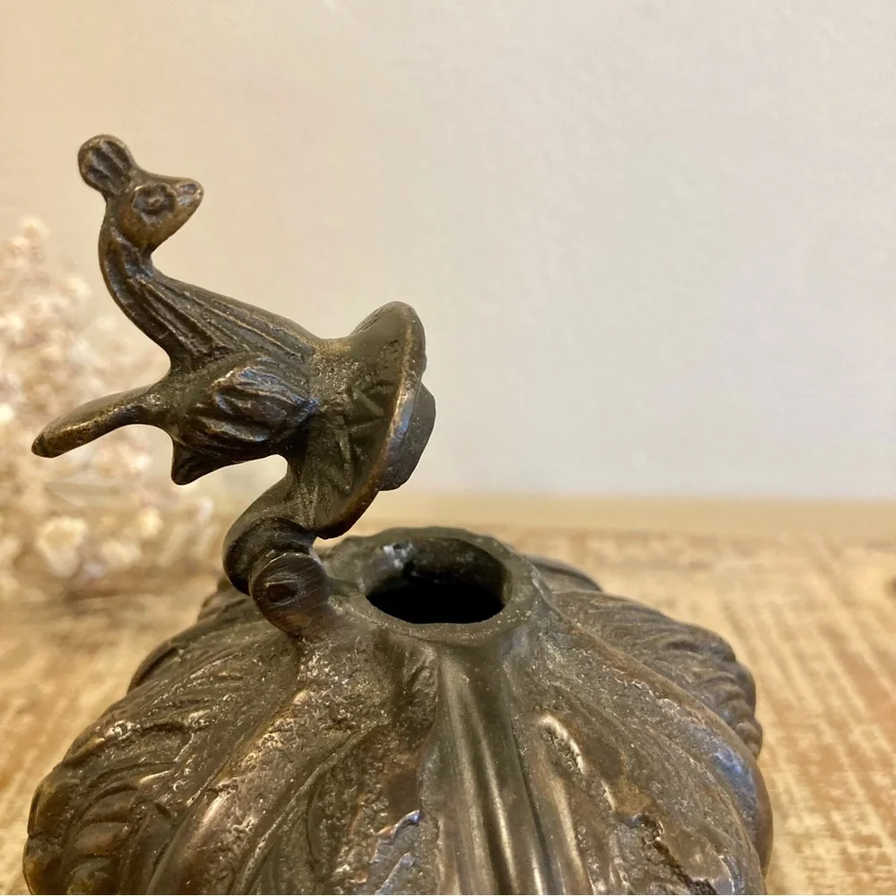 Vintage Ornate Footed Metal Inkwell with Rooster Lid